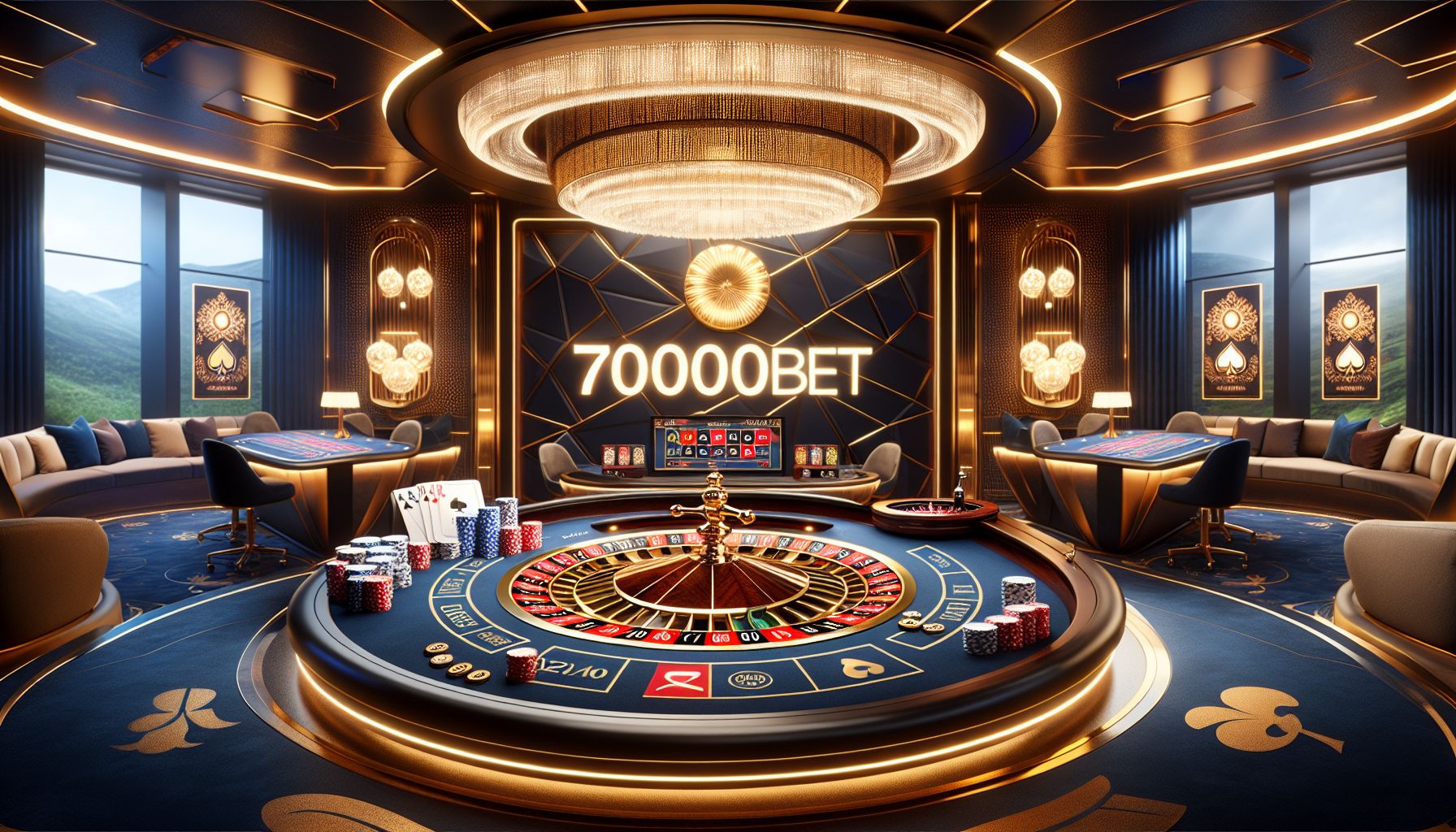 Modern live casino setup with roulette table, cards, and premium lighting for 7000bet players