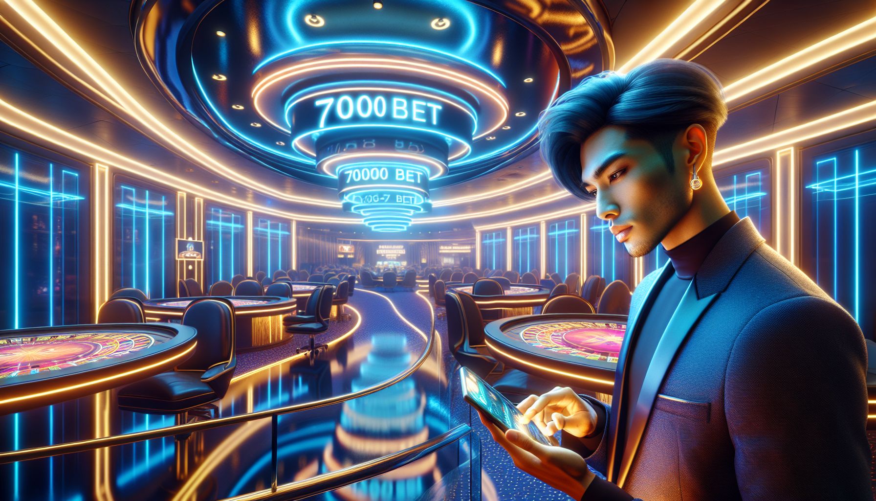 Bangladesh player using a phone in a modern casino-style setting with glowing digital game icons and bold 7000bet energy