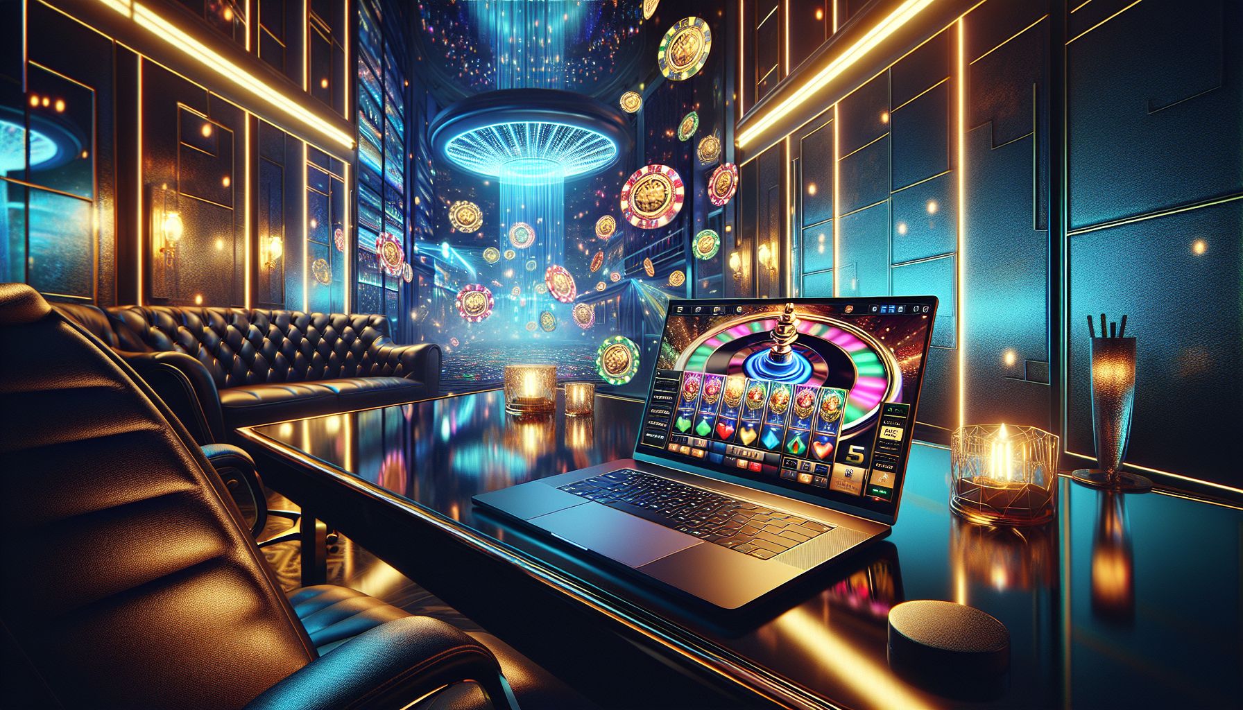 Laptop with colorful casino visuals, glowing reels and vivid light trails showing the smooth and modern 7000bet experience in Bangladesh